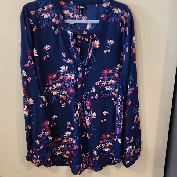 Torrid Blue Pink Blouse with Mandarin Collar and Tie Front - Picture 1 of 5